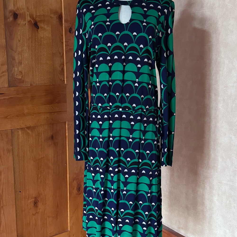 Banana Republic Green and Navy Geometric Long Sleeve Midi Dress